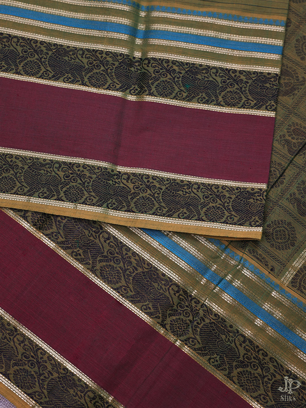 Olive Green and Maroon Pure Kanchi Cotton Saree - D9750 - View 5