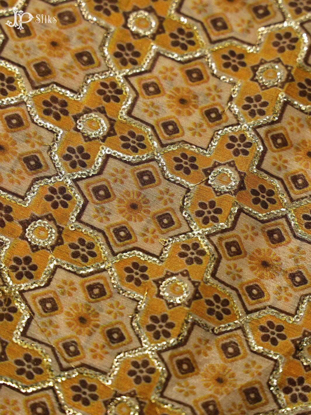 Mustard Digital Printed Semi Raw Silk Fabric - E4215 - View 1