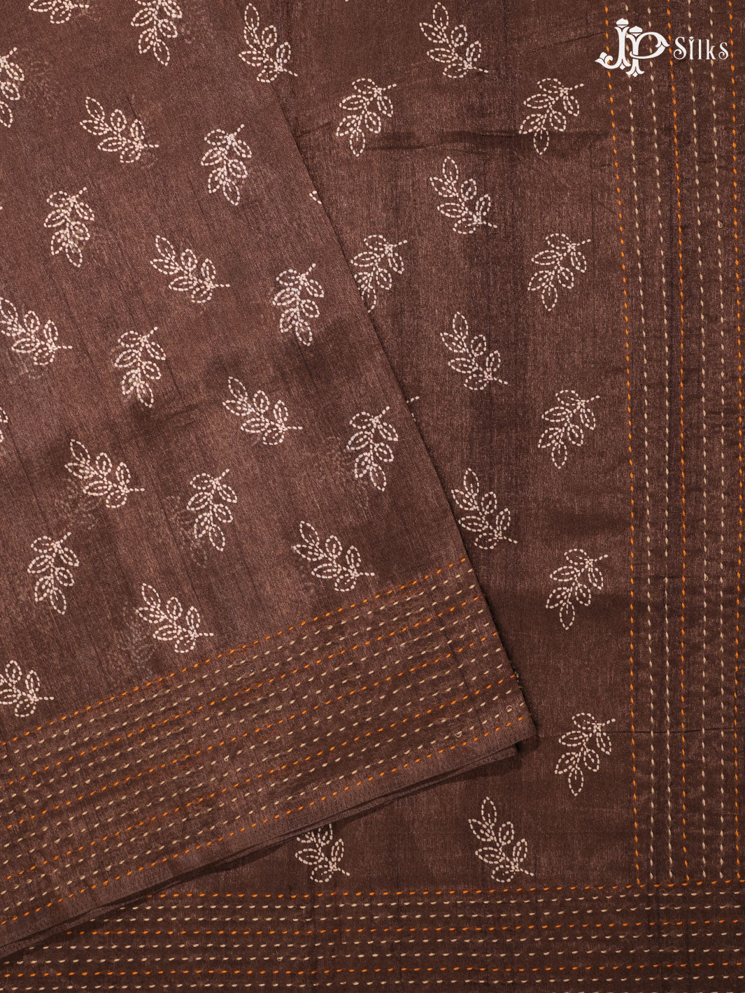 Coffee Brown Leaf Motif Semi Chanderi Fancy Saree - E3241 - View 1