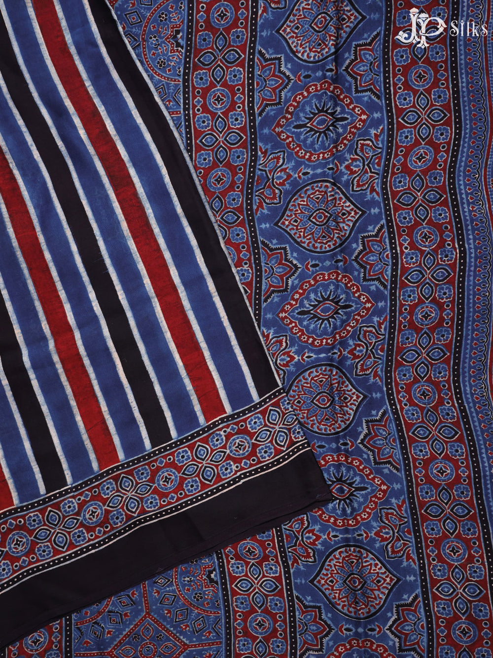 Indigo Blue, Maroon and Black Ajrakh Modal Silk Fancy Saree - E5049 - View 1