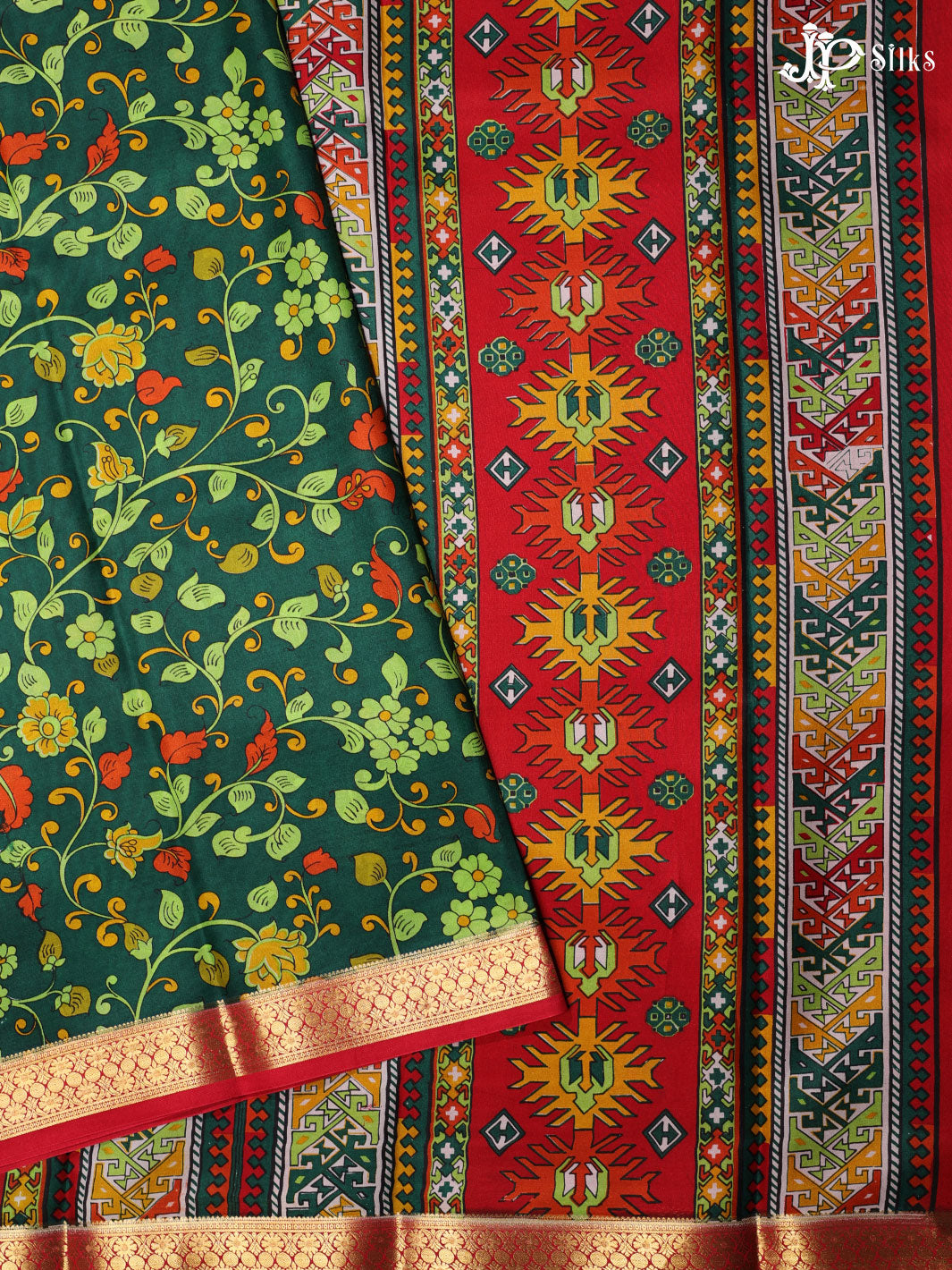 Bottle Green and Red Crepe Raw Silk Saree- E876 - View 1