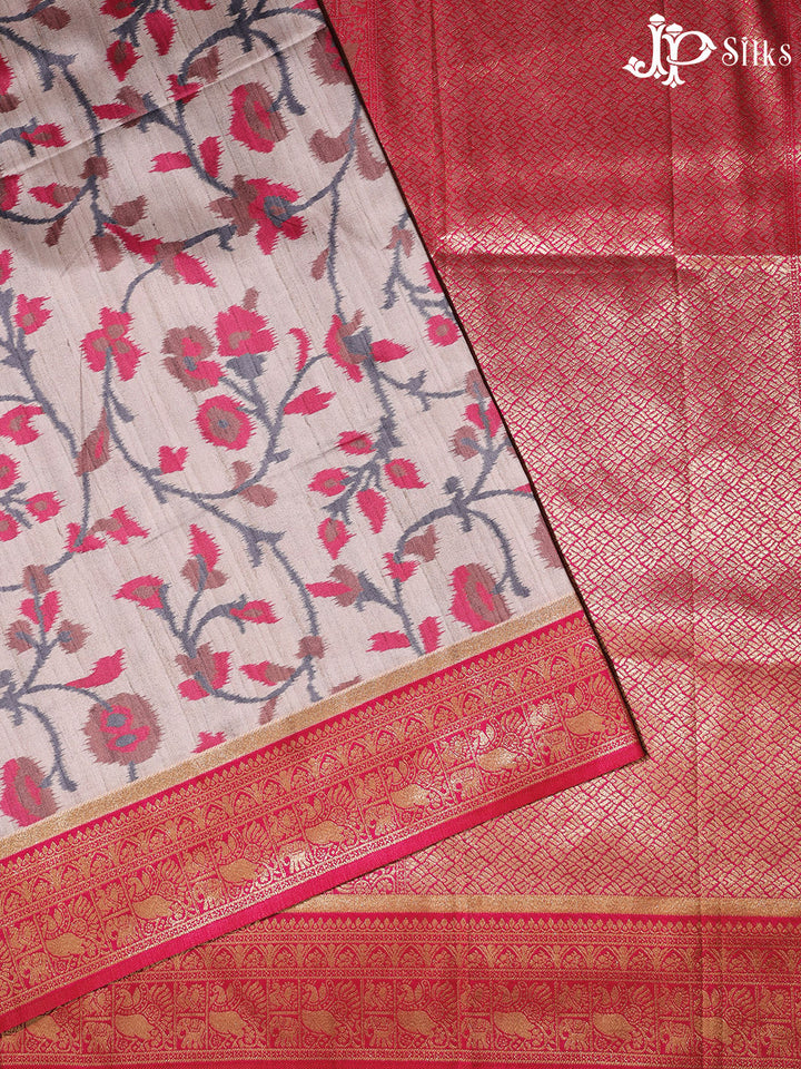 Beige and Rani Pink Semi banaras with Digital Prints Fancy Sarees - E3999 - View 1