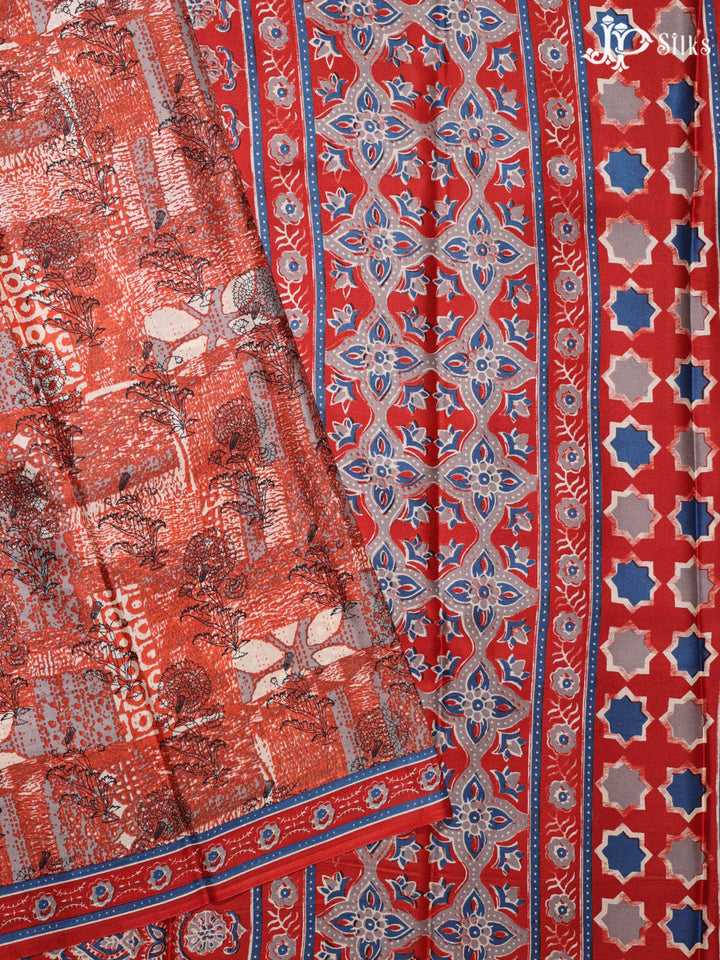 Red and Blue Crepe Raw Silk Saree- E896 - View 1