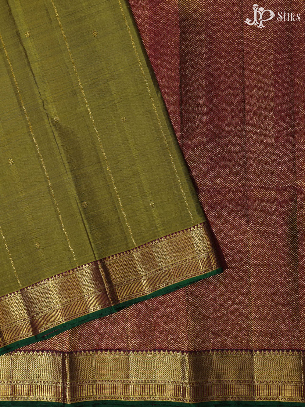 Mehandi Green and Maroon Kanchipuram Silk Saree - E1633 - View 1