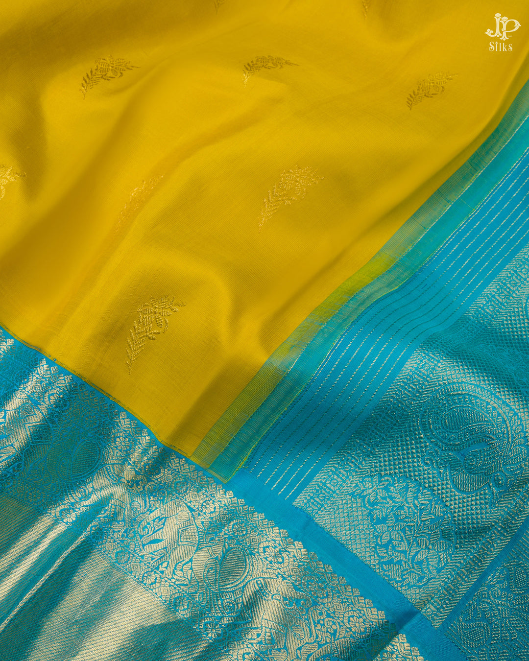 Yellow and Teal Blue Kanchipuram Silk Saree - D2216 - View 2