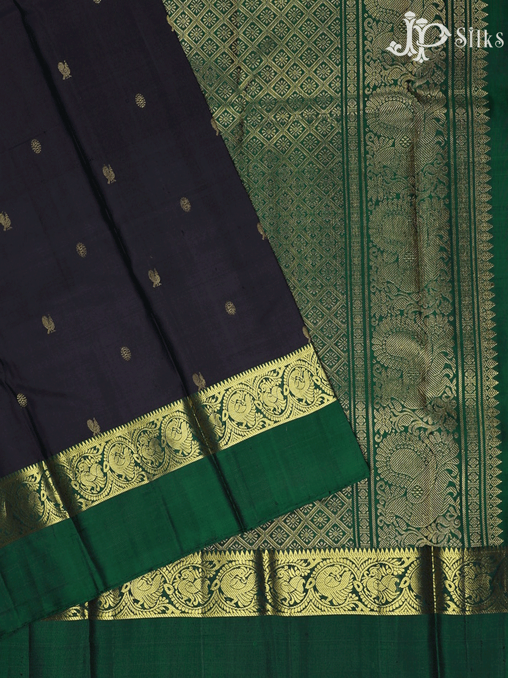 Black and Bottle Green Small Annam Kanchipuram Silk Saree - A1090 - View 1