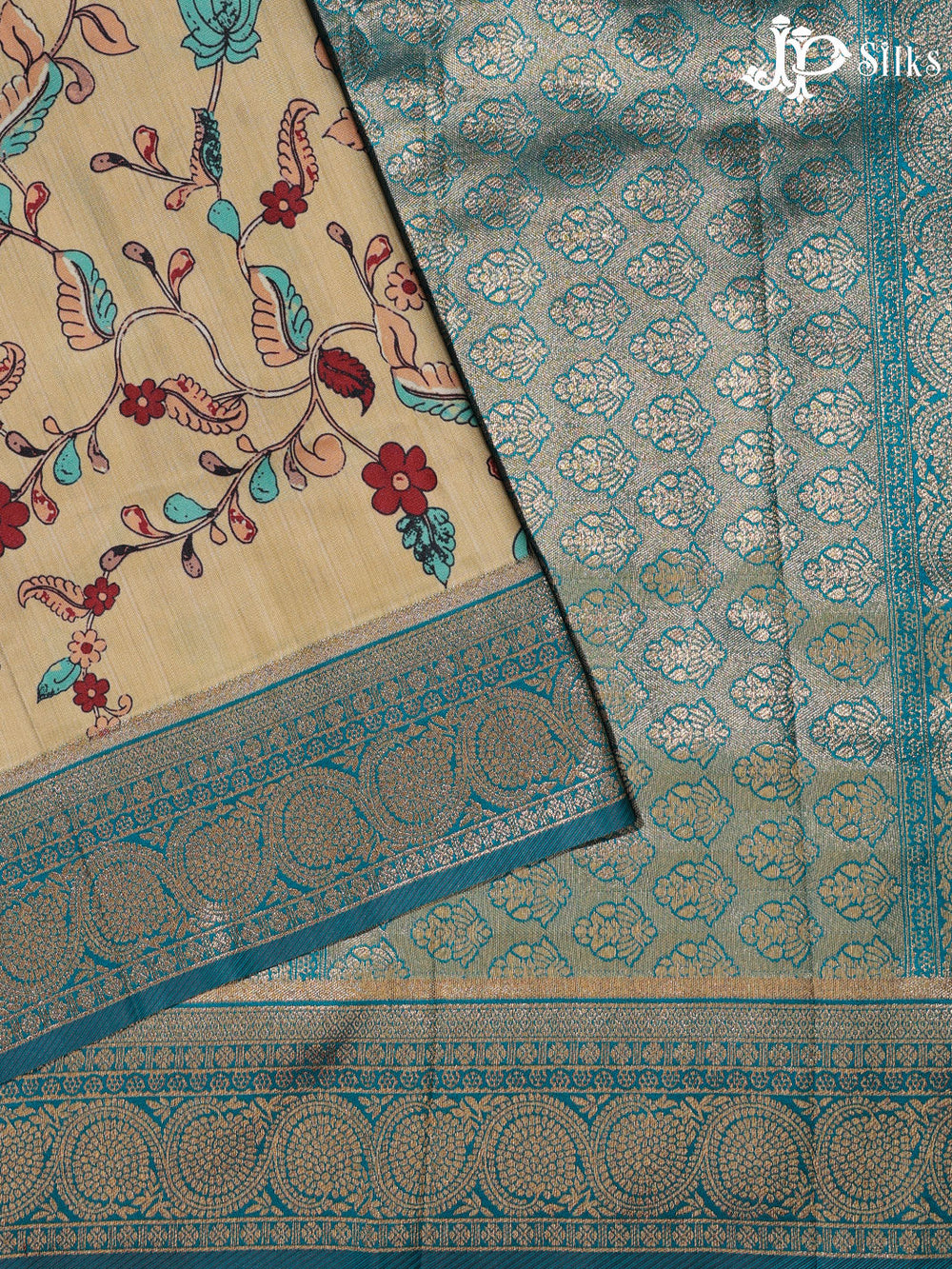 Beige and Teal Blue Semi banaras with Digital Prints Fancy Sarees -  E3998 - View 1