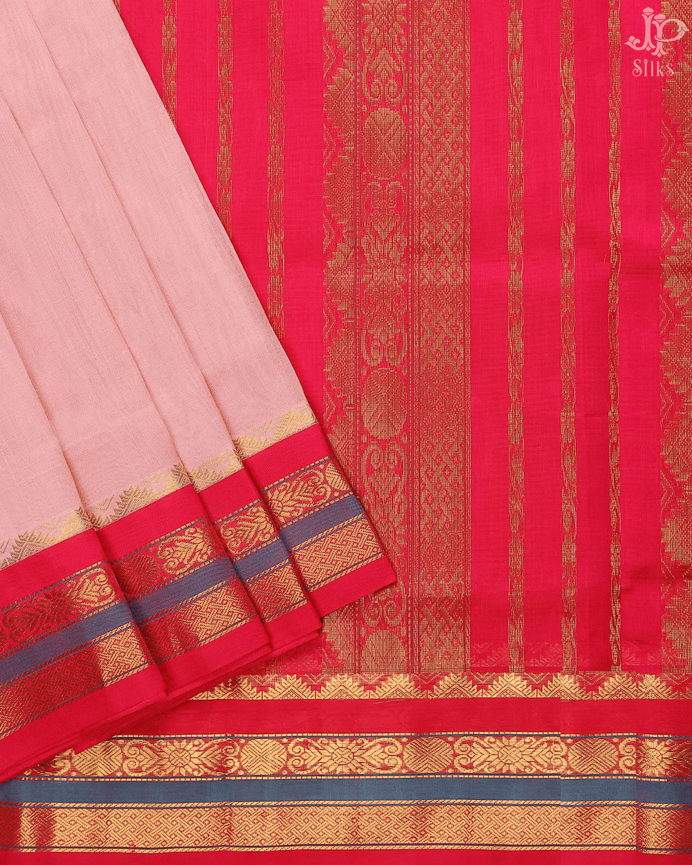 Peach Pink and Red Silk Cotton Saree - D8238 - View 2