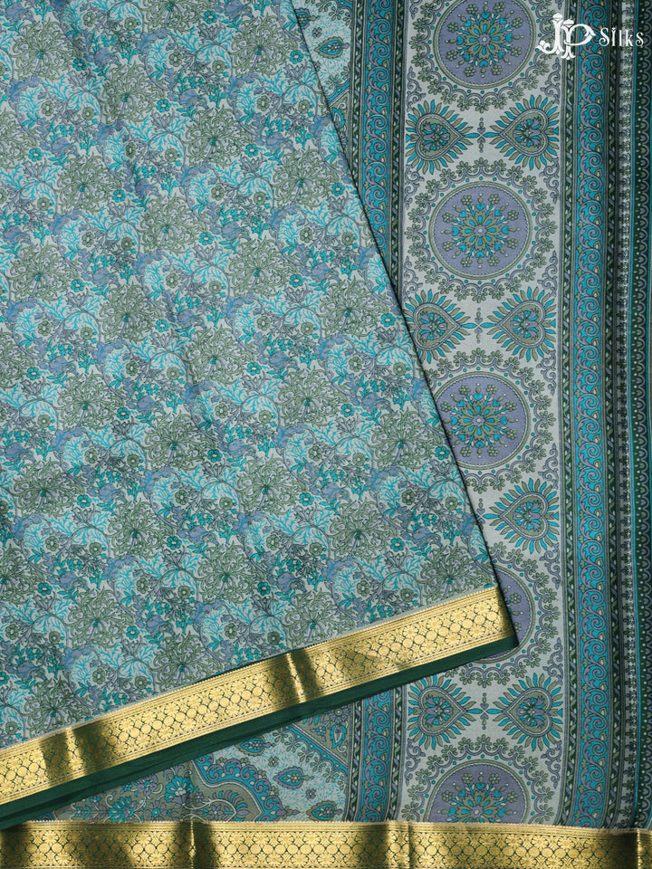 Teal Blue and Multi Color Crepe Raw Silk Saree- E883 - View 1