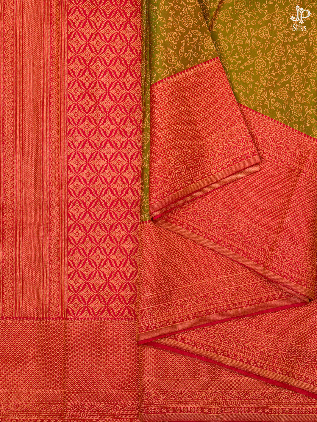 Olive Green Shot Red Kanchipuram Silk Saree - D7765 - View 5
