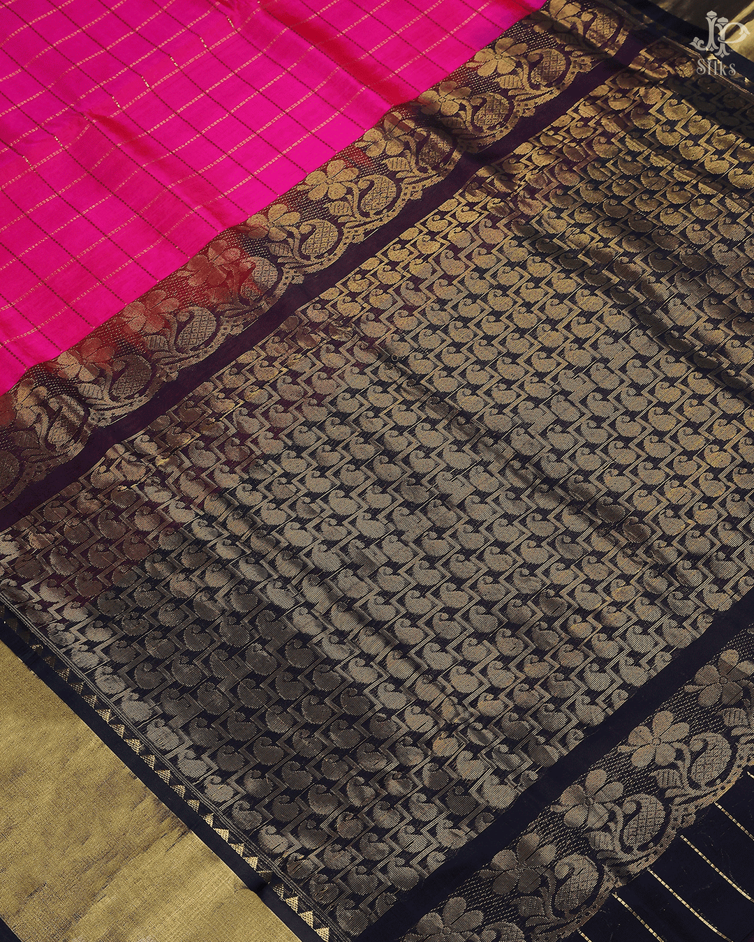 Rani Pink and Navy Blue Silk Cotton Saree - A4956 - View 5