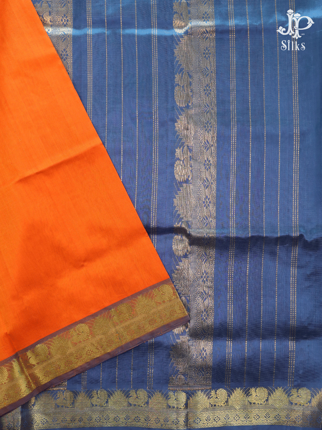 Orange and Blue grey Cotton Saree - C364