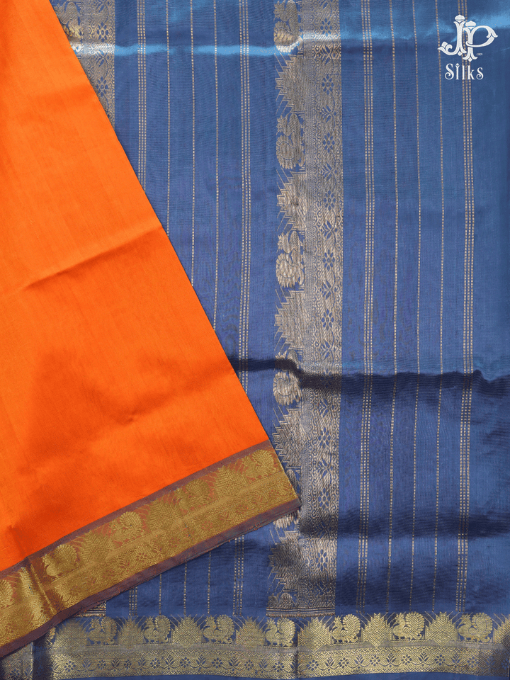 Orange and Blue grey Cotton Saree - C364