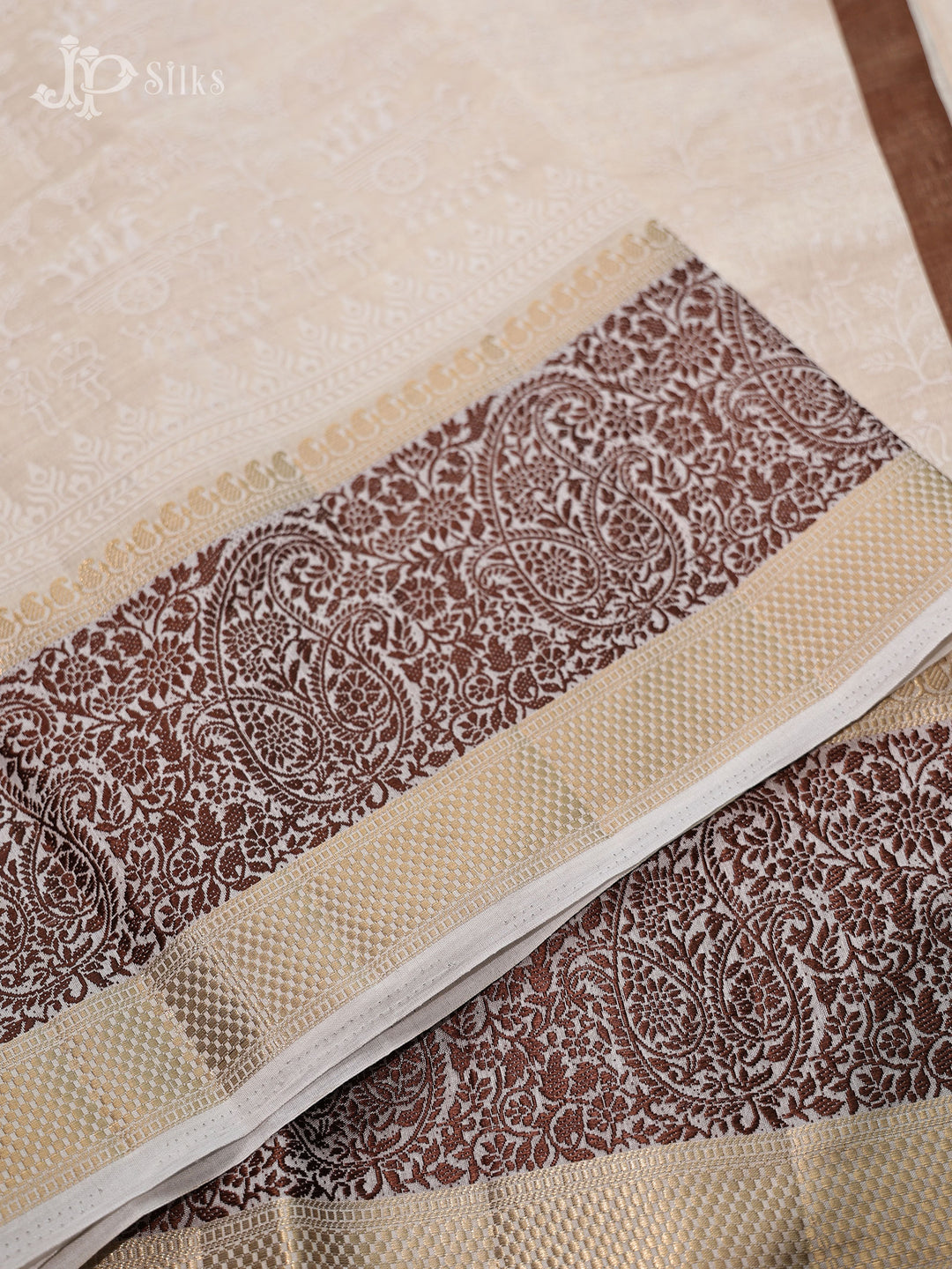 White and Brown Semi Raw Silk Fancy Saree - E697 - View 5