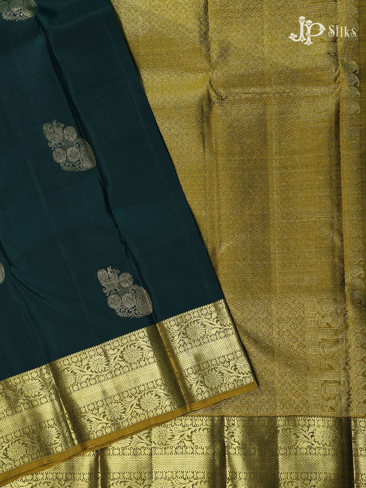 Dark Green and Mustard Yellow Kanchipuram Silk Saree -  E4708 - View 1