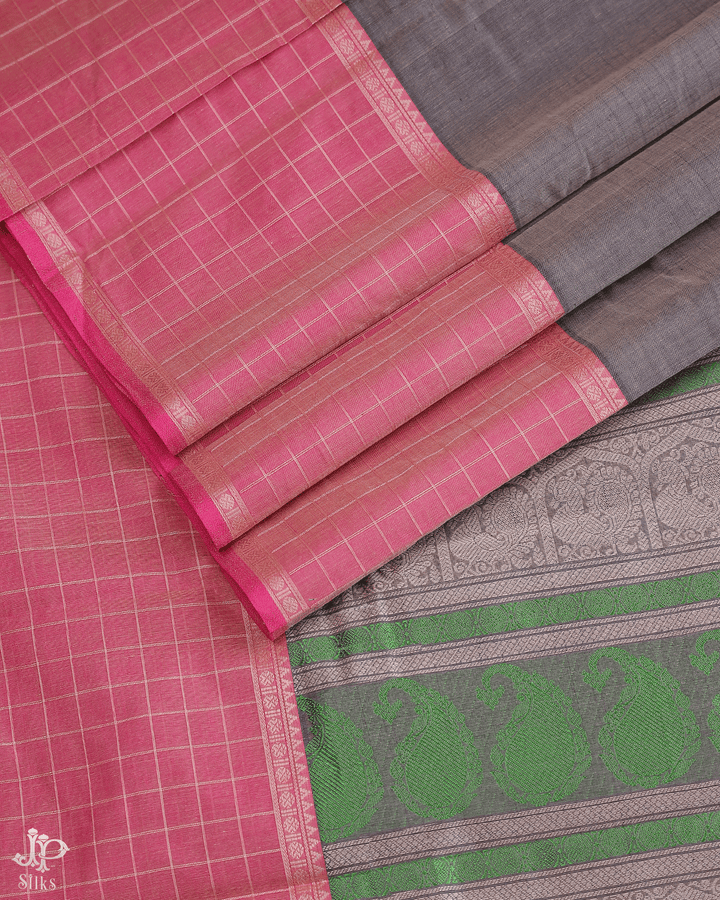 Grey and Peach Pink Pure Kanchi Cotton Saree - D9702 - View 4
