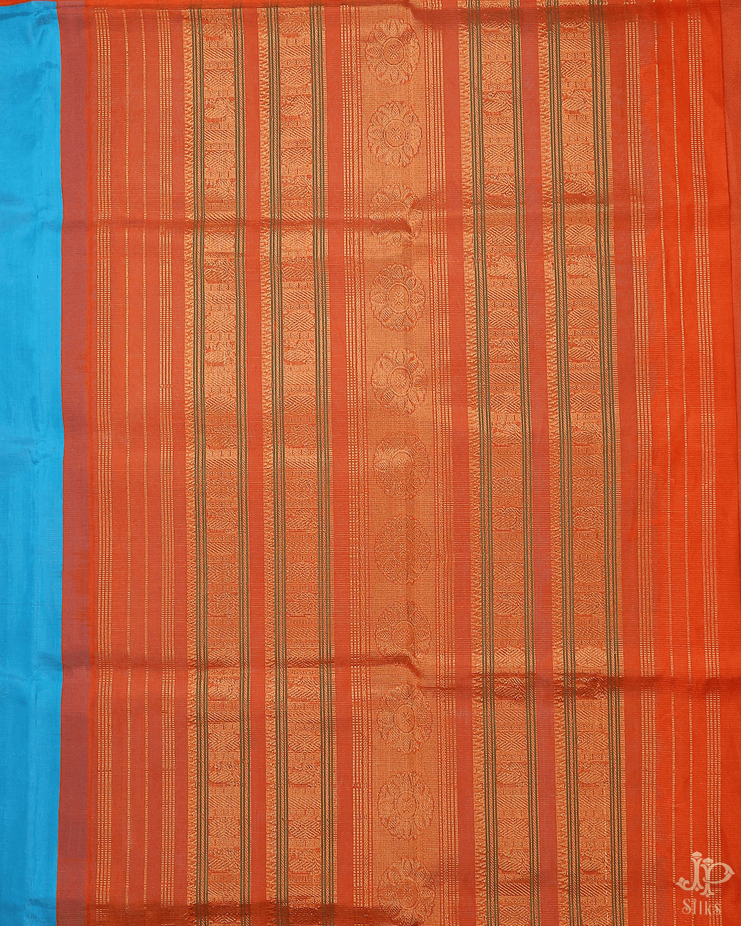 Sky Blue and Orange Silk Cotton Saree - D219 - View 6
