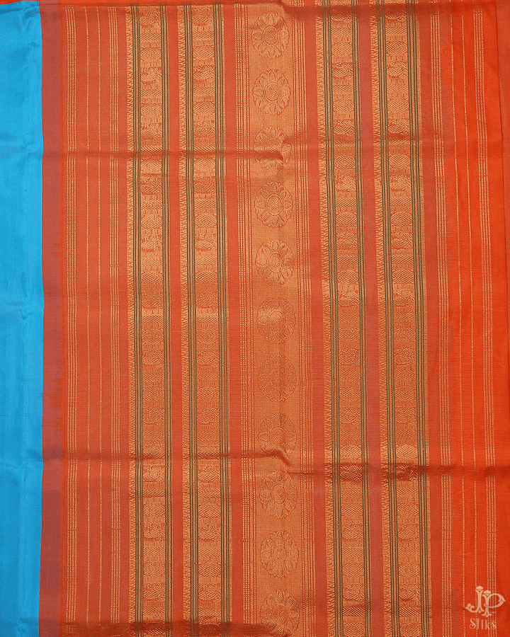 Sky Blue and Orange Silk Cotton Saree - D219 - View 6