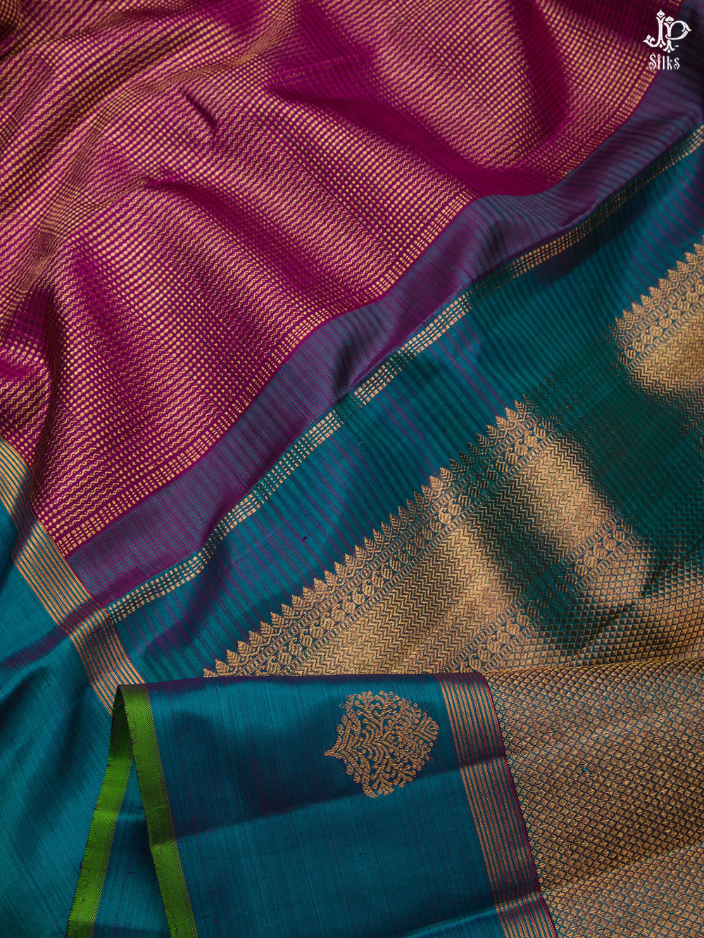 Magenta and Teal Blue Kanchipuram Silk Saree - D8175 -View 2