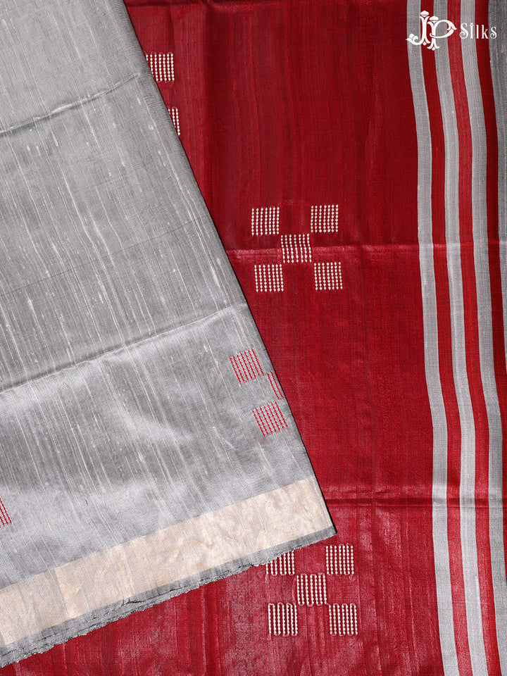 Red and Grey Tussar Silk Saree - E36 - View 1