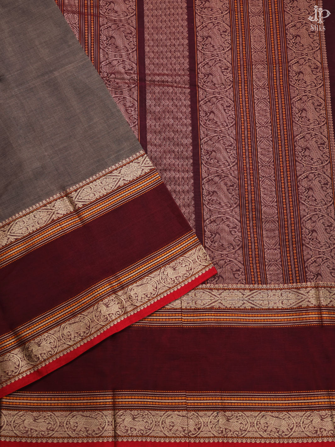 Sandalwood Brown and Maroon Pure Kanchi Cotton Saree - D9716 - View 4