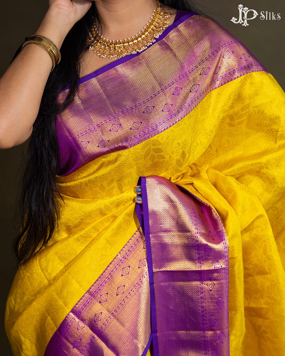 Yellow with Purple Bridal Kanchipuram Silk Saree - E5001