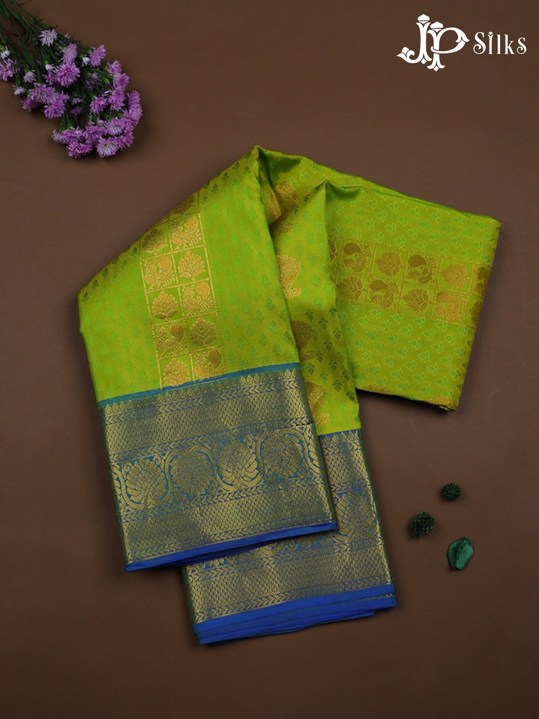 Light green with blue Kanchipuram Silk Saree - A6089 - View 1