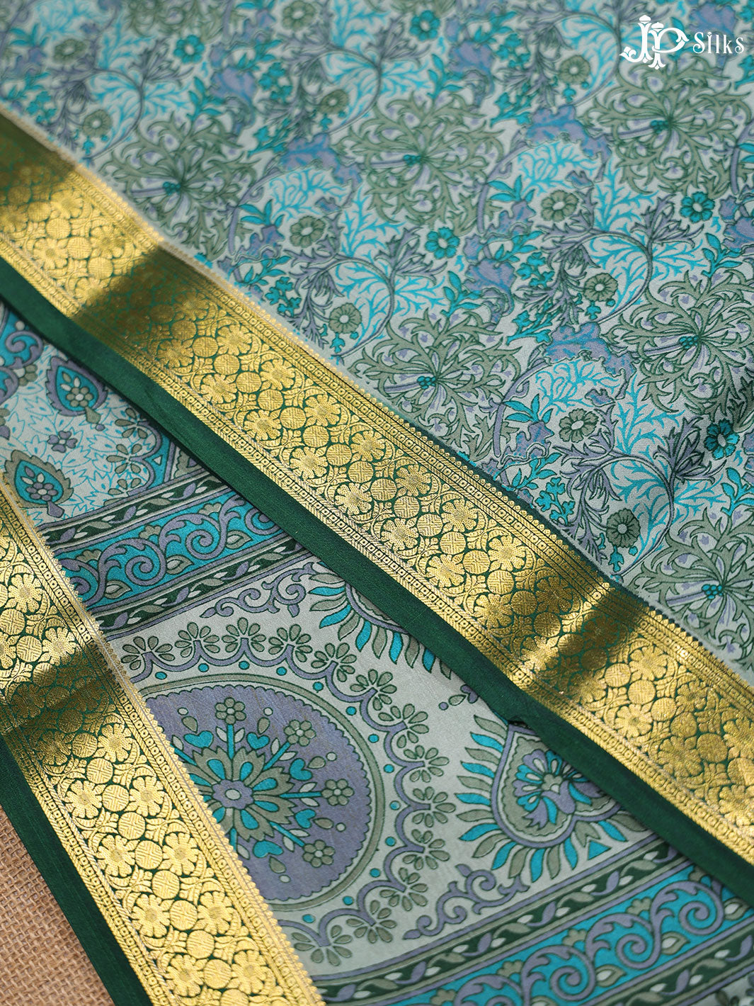 Teal Blue and Multi Color Crepe Raw Silk Saree- E883 - View 5