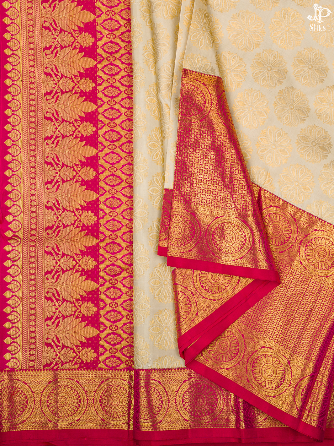 Cream and Pink Kanchipuram Silk Saree - A7237 - View 1 