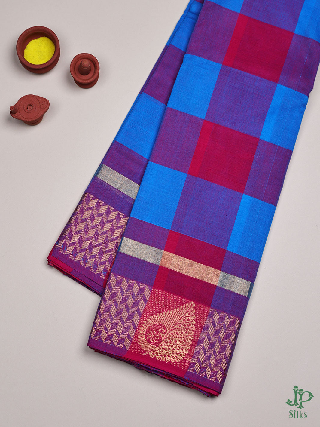 Blue and Red Cotton Saree - D2541 - View 1