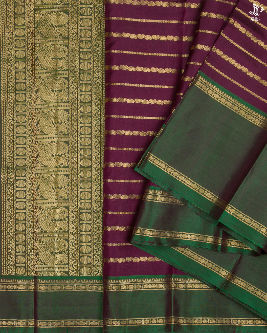Maroon and Green Kanchipuram Silk Saree - D9796 -View 5