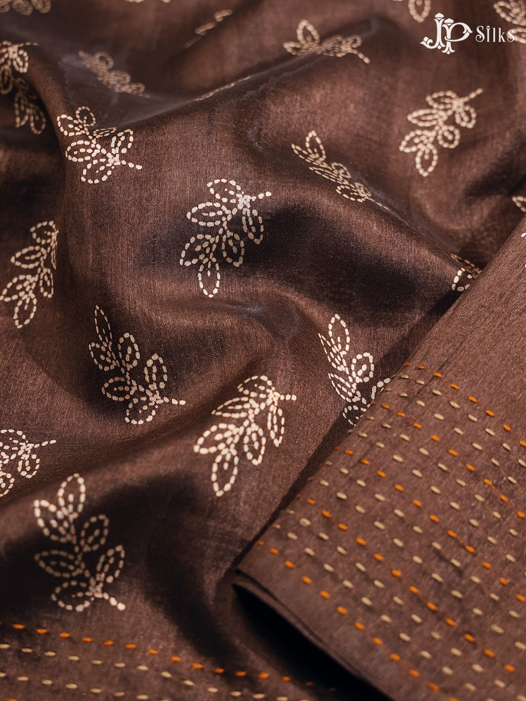 Coffee Brown Leaf Motif Semi Chanderi Fancy Saree - E3241 - View 5