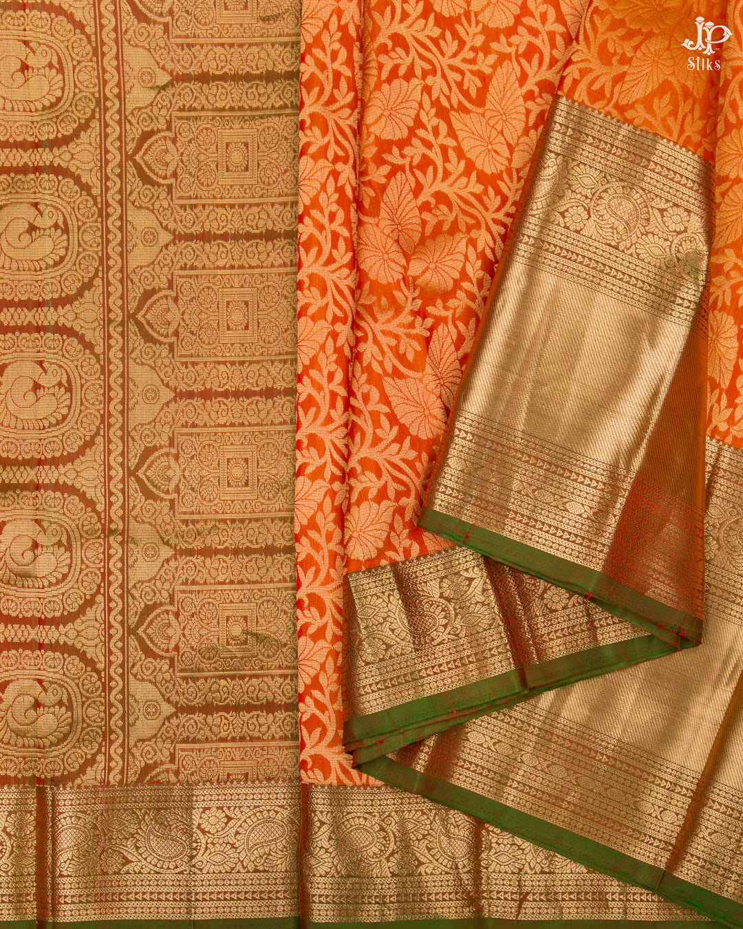 Orange and Olive Green Kanchipuram Silk Saree - D4118 - View 5