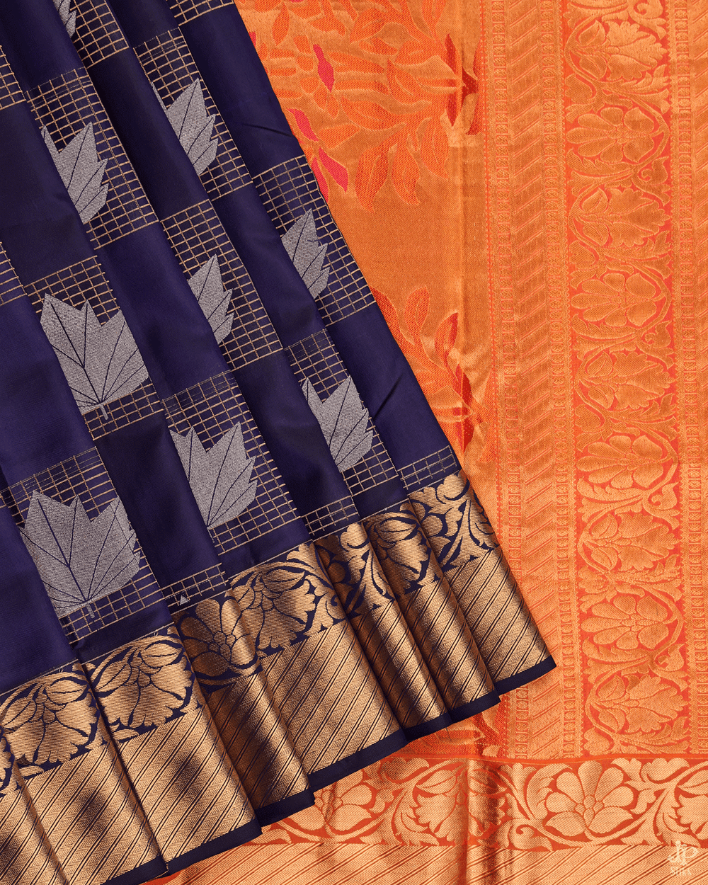 Dark Blue and Orange Kanchipuram Silk Saree - C1190 - View 2