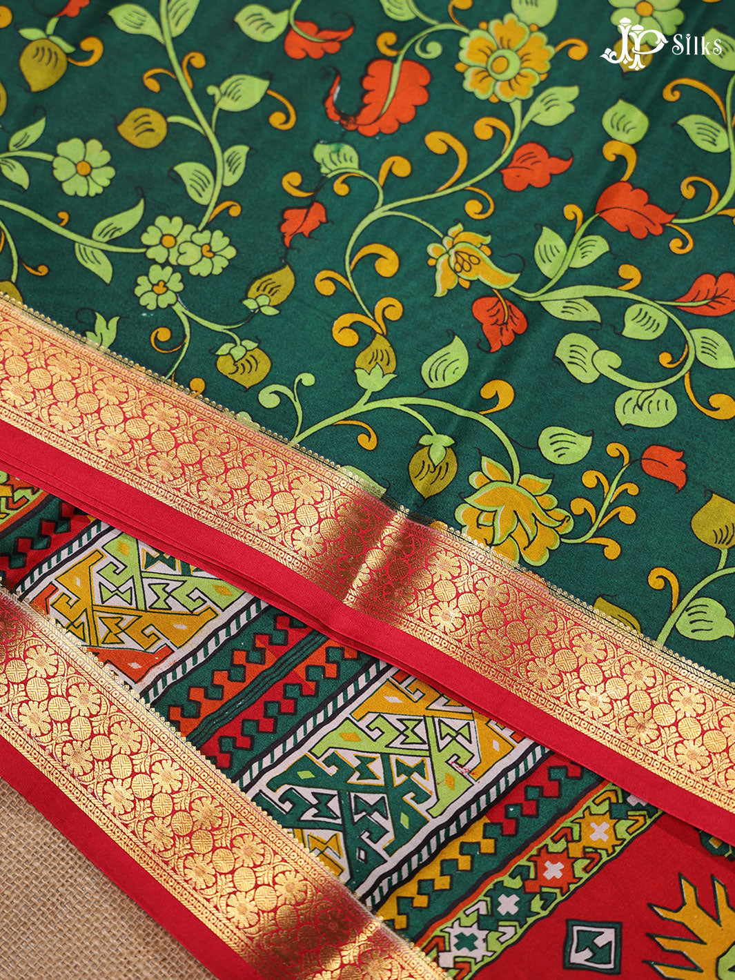 Bottle Green and Red Crepe Raw Silk Saree- E876 - View 5