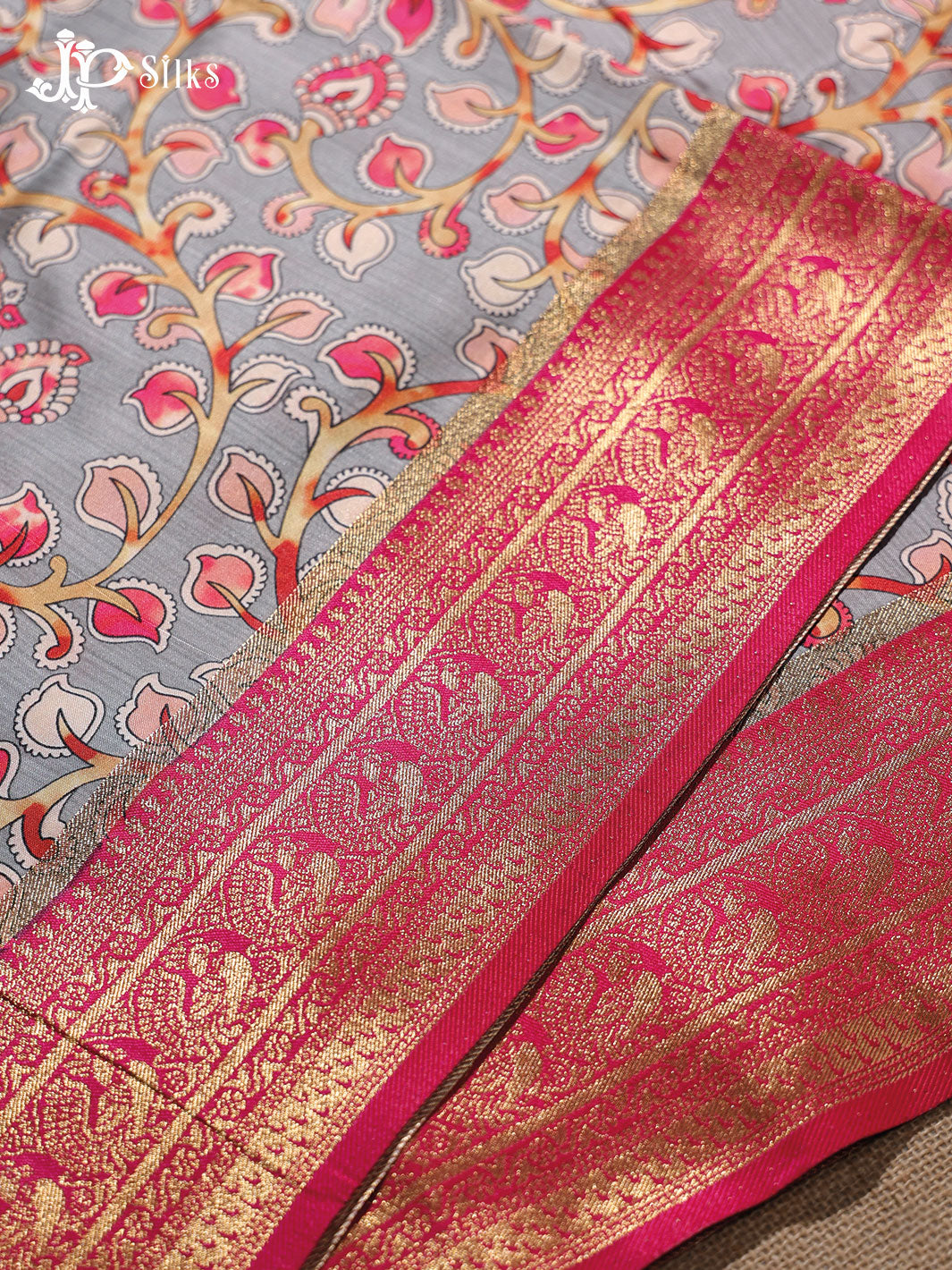 Grey and Hot Pink Semi banaras with Digital Prints Fancy Sarees - E4002 - View 4