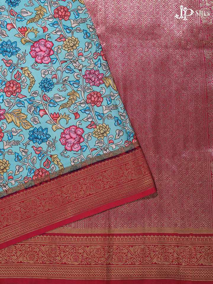 Sky Blue and Pink Semi banaras with Digital Prints Fancy Sarees -  E3997 - View 1