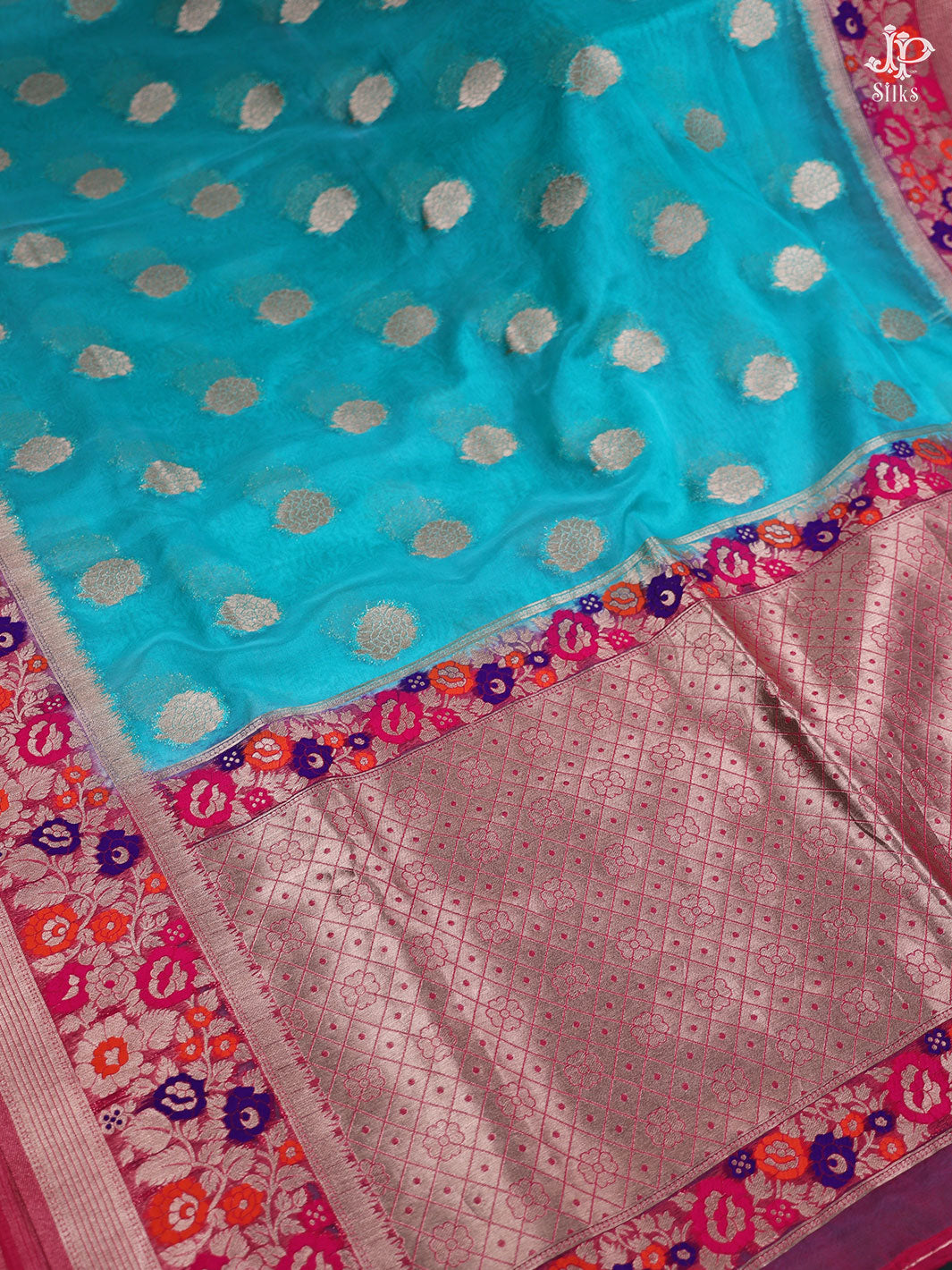 Teal Blue and Pink Organza Silk Saree - D7279 - View 4