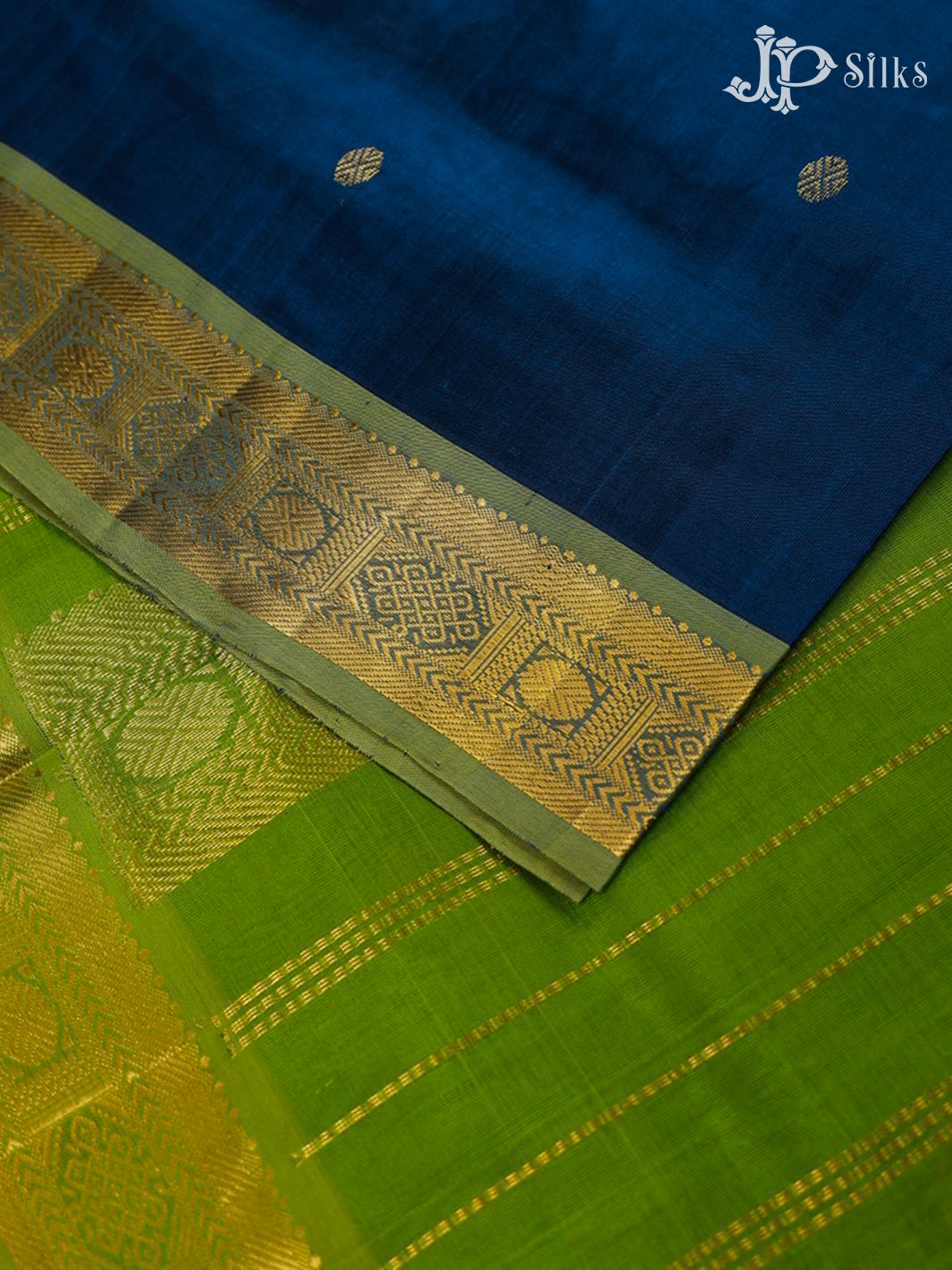 Classic Blue And Parrot Green Silk Cotton Saree - F3508