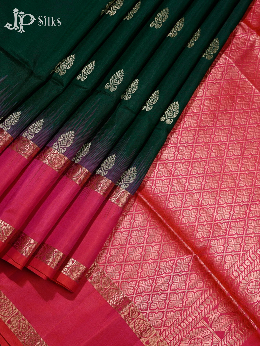 Bottle Green & Reddish Pink Soft Silk Saree - F2912