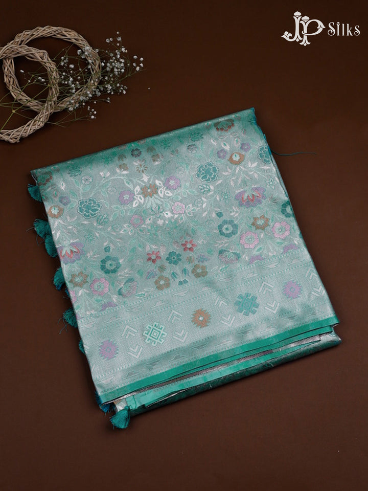 Teal Green Semi Banaras Saree - F2645