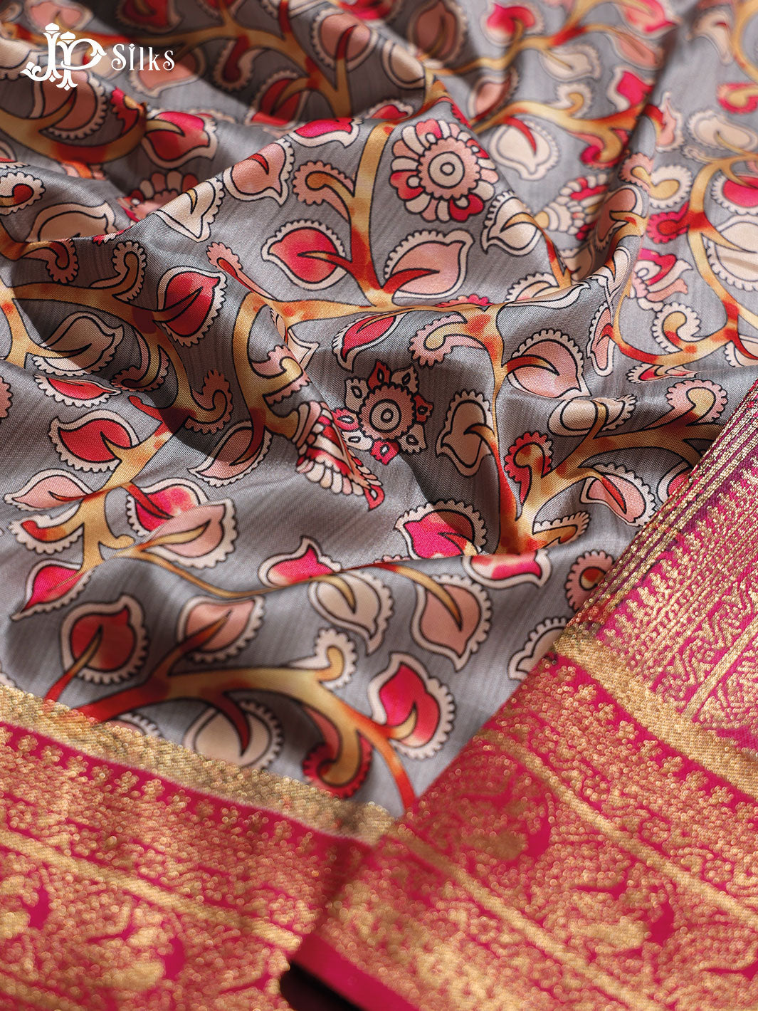 Grey and Hot Pink Semi banaras with Digital Prints Fancy Sarees - E4002 - View 5