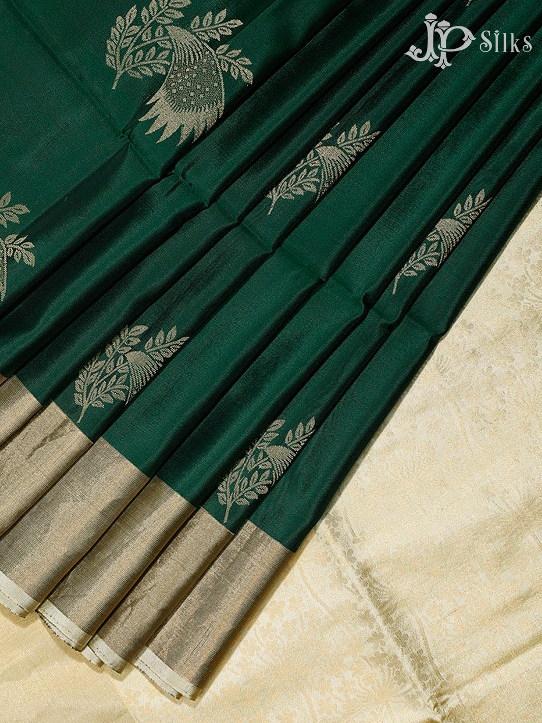 Bottle Green & Cream Soft Silk Saree - E5101-view4