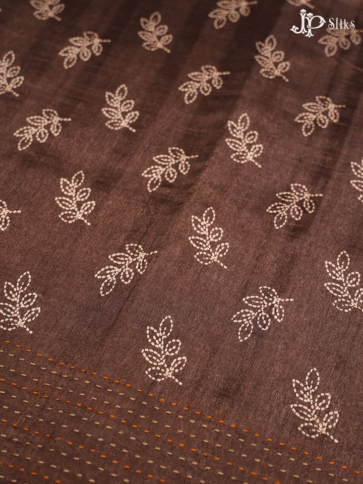 Coffee Brown Leaf Motif Semi Chanderi Fancy Saree - E3241 - View 6