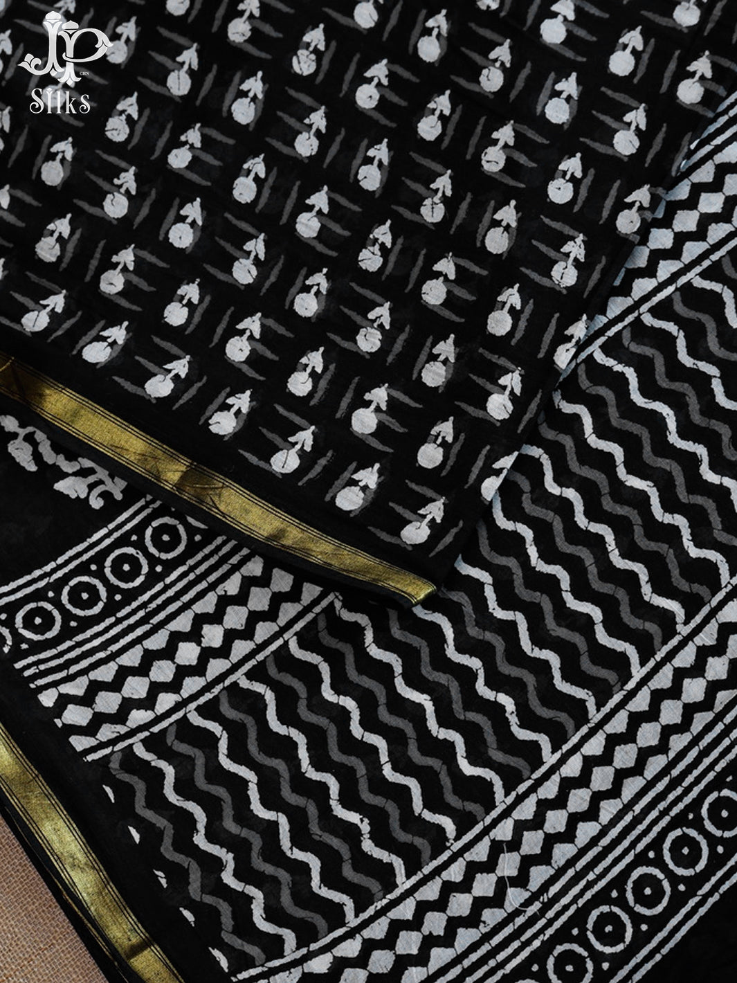 Black Handblock printed Kota Cotton Saree - F377