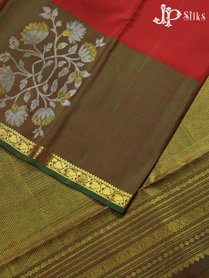 Red with Mehandi Green Silk Saree - A3174 - View 2