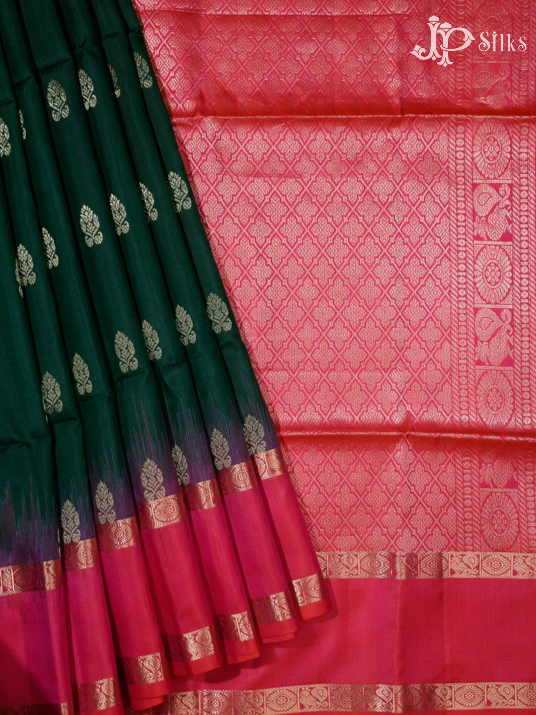 Bottle Green & Reddish Pink Soft Silk Saree - F2912