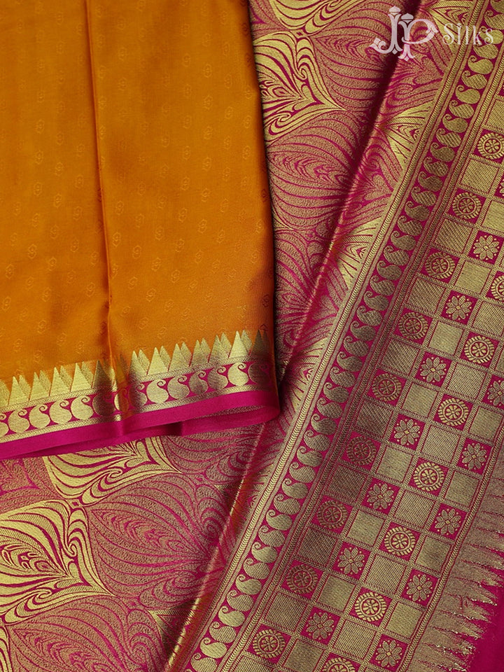 Mustard with Rani Pink Semi Mysore Silk Saree - F2421 - View 4