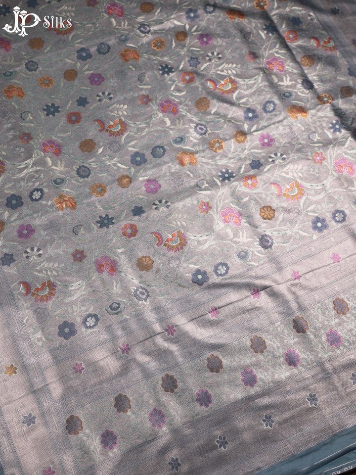 Grey Floral Design Semi Banarasi Saree - F2647