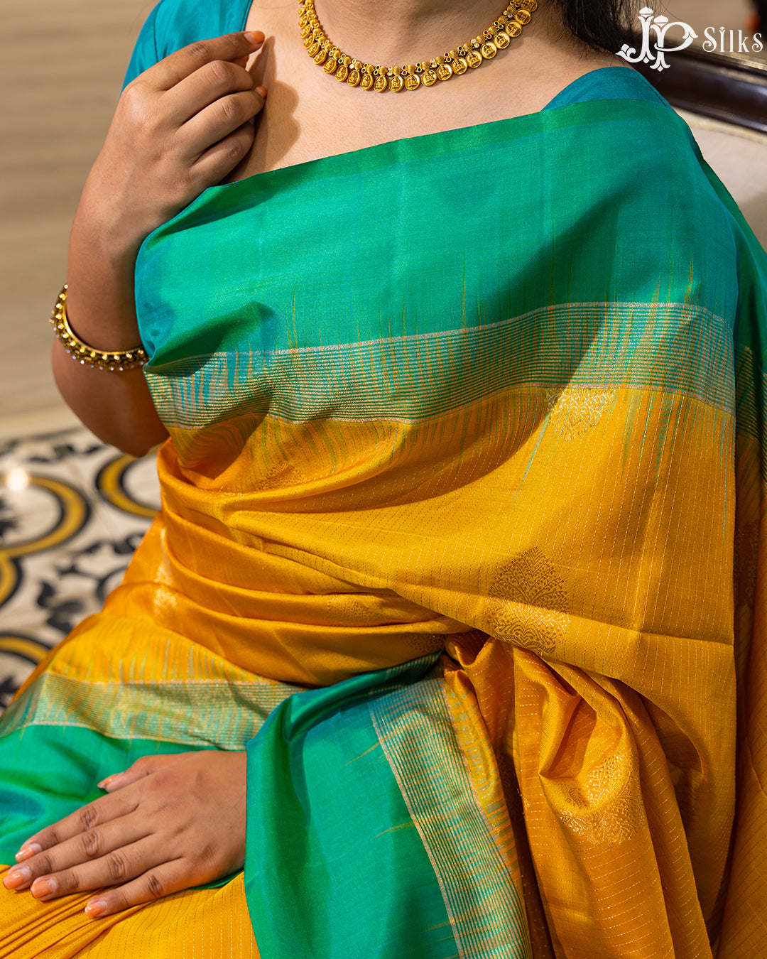 Yellow And Teal Green Soft Silk Saree - F2749